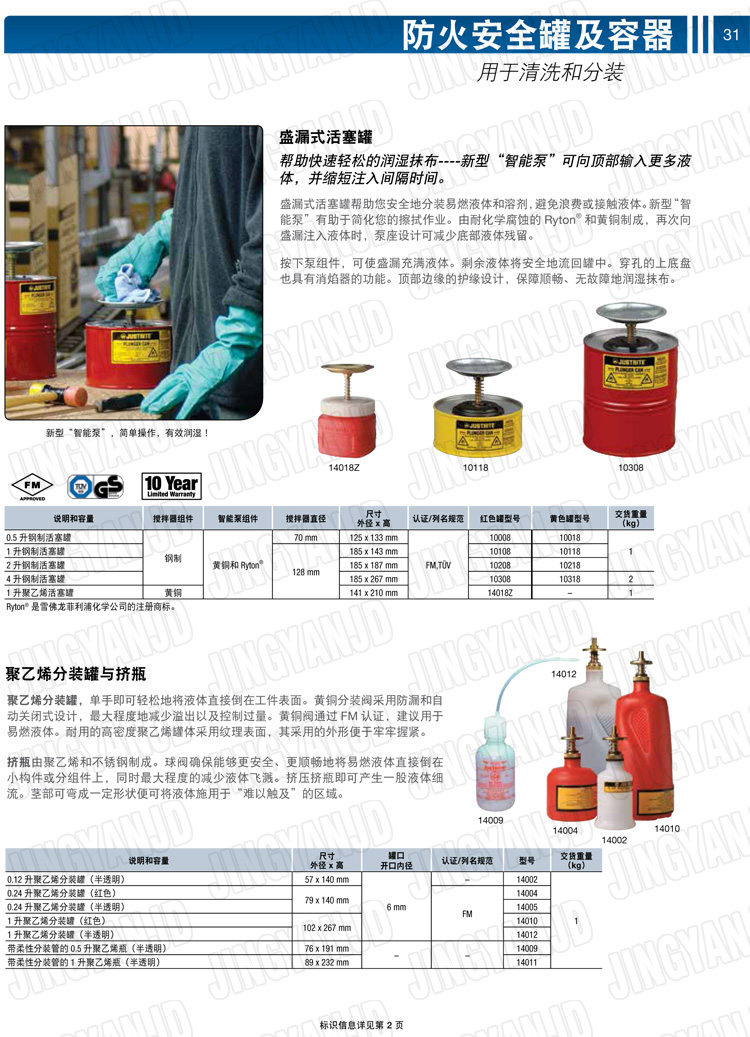 美國杰斯瑞特，JUSTRITE，活塞安全罐，盛漏式活塞罐，化學(xué)品分裝罐，